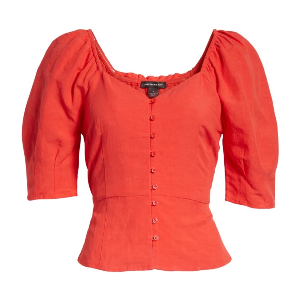 NWT Something Navy Button Down Puffer Sleeve Top - Picture 4 of 4